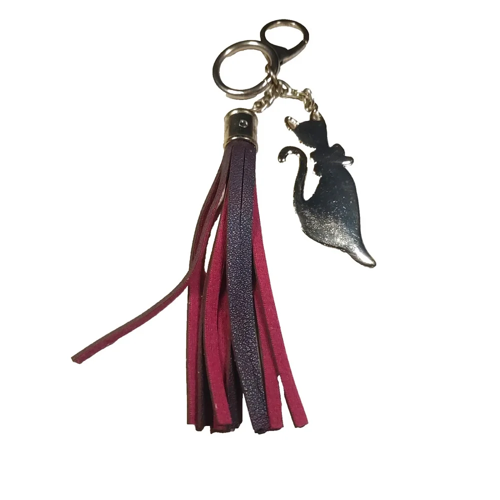 Cat Tassel Keychain Purse Clip Gold Tone Red Brown Leather
